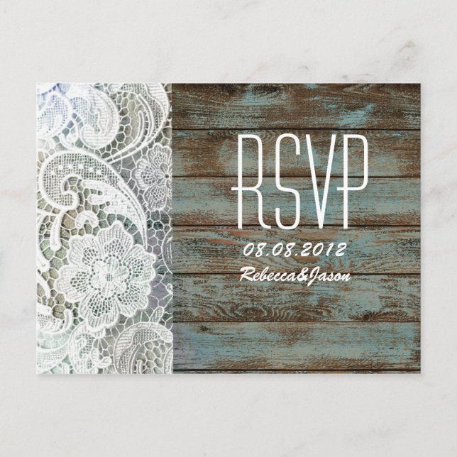 Vintages blaues Scheunenholz Hochzeitssemble UAWG Einladungspostkarte (Vorderseite)