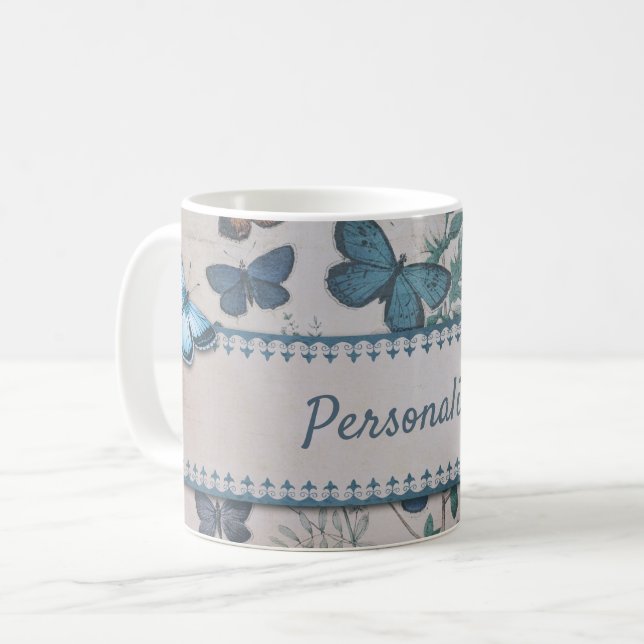 Vintages blaues Schmetterlingsmuster Personalisier Kaffeetasse (Vorderseite Links)