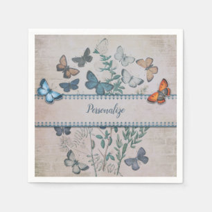 Vintages blaues Schmetterlingsmuster Personalisier Serviette