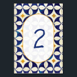 Vintages blaues und gelbes portugiesisches Muster  Tischnummer<br><div class="desc">Dieses Design zeichnet sich durch rustikale Vintage portugiesische Fliesenmuster aus. Der Hochzeitstext ist elegant gerahmt mit einem ovalen, weißen und goldfarbenen Bogen. Einzigartiges Azulejo Blau, Gelb und Weiß geometrische Tischnummer Blumendesign mit modernen Elementen. Auch die passenden Hochzeitseinladungen und andere Schreibwaren sind verfügbar. Passen Sie die Anzahl an und erwerben Sie...</div>