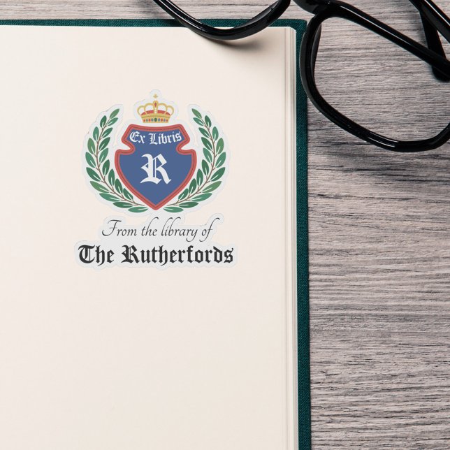 Vintages blaues Wappen Monogram Kronenrad Ex Libri Aufkleber (Von Creator hochgeladen)