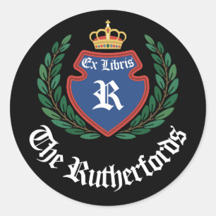 Vintages blaues Wappen Monogram Kronenrad Ex Libri Runder Aufkleber