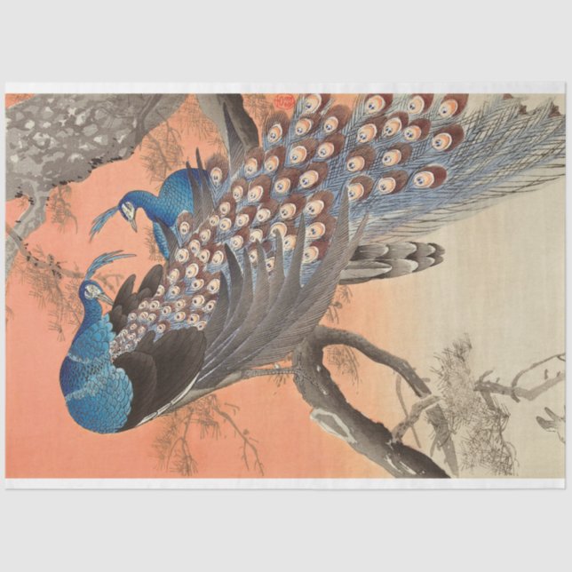 Vintages blaurosa Pfauengeflecht Seidenpapier (Vorderseite)