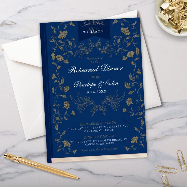 Vintages Blue Book Cover Hochzeitsessen Probe Einladung (elegant navy blue and gold book cover theme wedding rehearsal dinner invitation with calligraphy)
