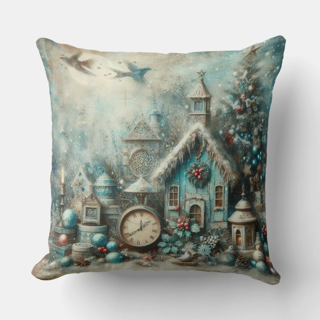 Vintages Blue Christmas Throw Kissen (Vorderseite)
