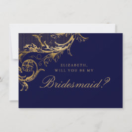 Vintages Blue Gold Floral Damask Script Bridesmaid Einladung