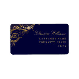 Vintages Blue Gold Floral Damask Script Hochzeit Adressaufkleber