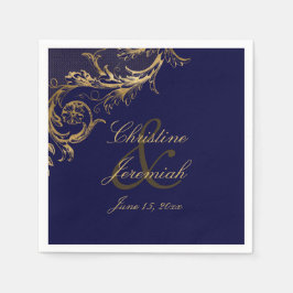 Vintages Blue Gold Floral Damask Script Hochzeit Serviette