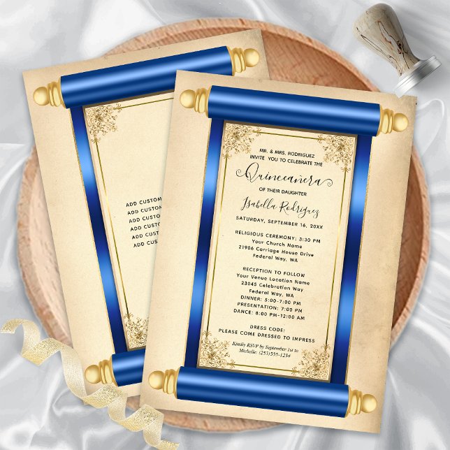 Vintages Blue Gold Scroll Einladung (Vintage Blue Gold Scroll Elegant Quinceañera Invitation)