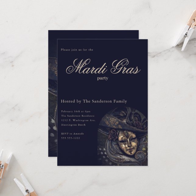 Vintages Blue Mardi Gras Carnival Mask Party Einladung (Vorderseite/Rückseite Beispiel)