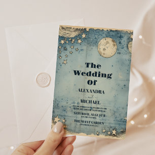 Vintages Blue Outer Space Starry Universe Wedding Einladung