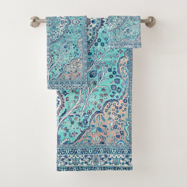 Vintages Blue Rug Muster Badhandtuch Set (Insitu)
