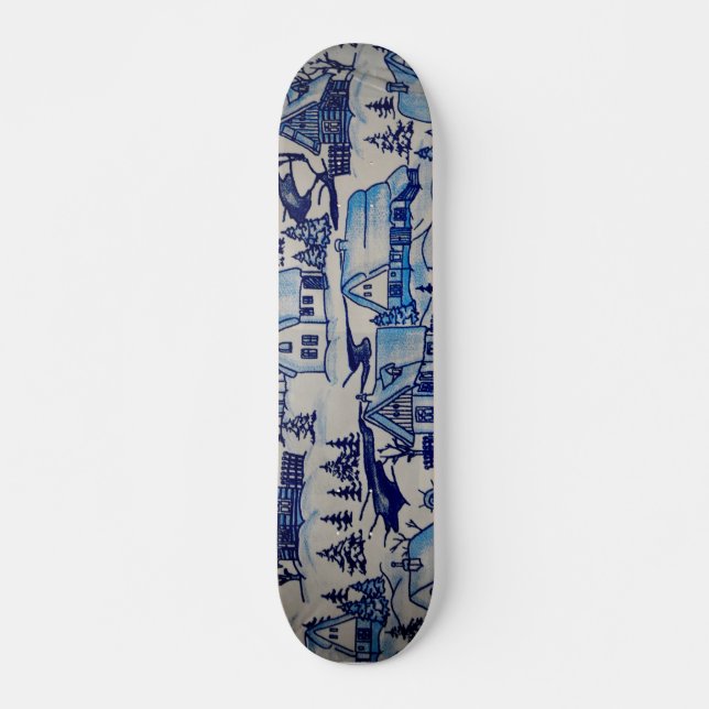 Vintages Blue Weihnachtsdorf Skateboard (Vorne)