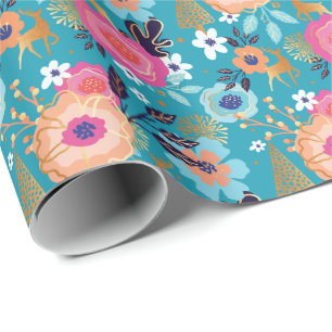 Vintages Blumen-, Ren-u. Schneeflocke-Weihnachten Geschenkpapier