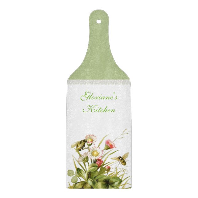 Vintages Blumen-und Bienen-Glasschneiden-Brett Schneidebrett (Vorderseite)