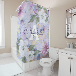 Vintages Blumenblau lila Wasserfarbenmonogramm Duschvorhang