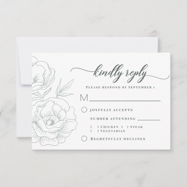 Vintages Blumenblauer Grau Modernes Hochzeitsessen RSVP Karte (Vorderseite)
