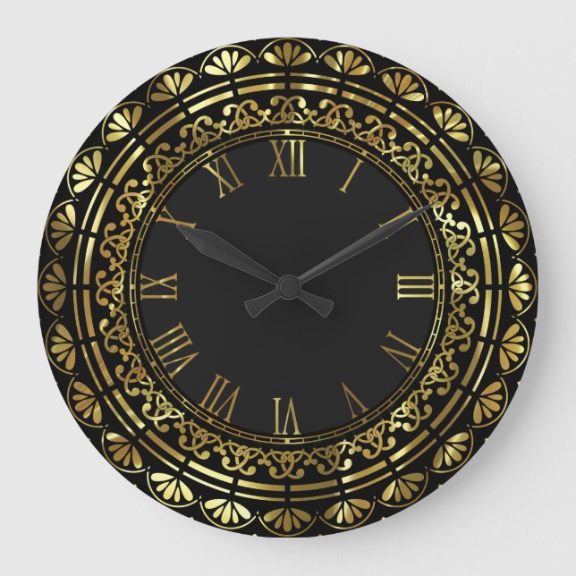 Vintages Blumendesign aus Gold und Schwarz Große Wanduhr (Vorderseite)