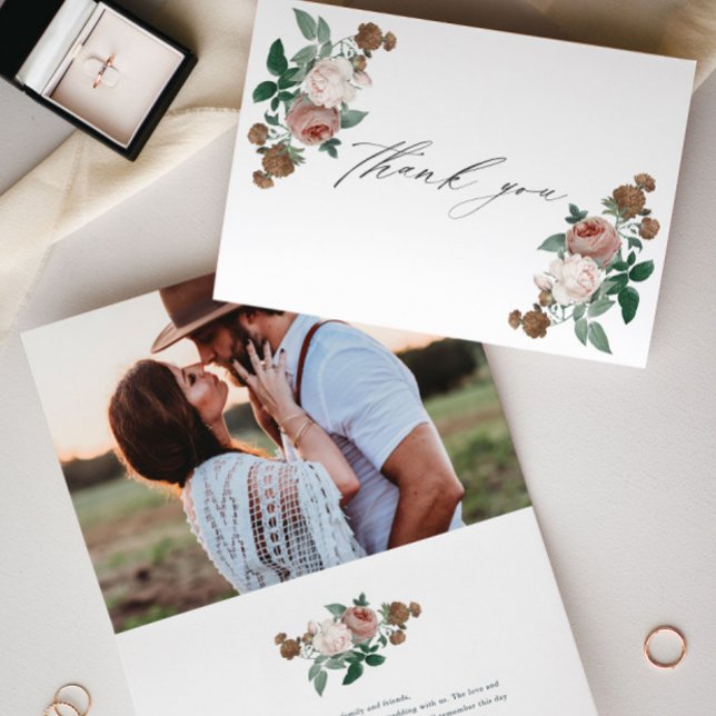 Vintages blumengeschichtliches Foto Dankeschön-Kar Karte (Vintage Floral Script Wedding Photo Thank You Card.)