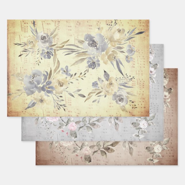 Vintages blumengeschmücktes Musikblatt Geschenkpapier Set (Set)