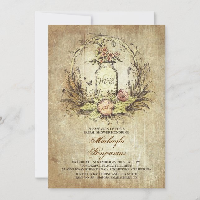 Vintages Blumenglas rustikales Brautparty Einladung (Vorderseite)