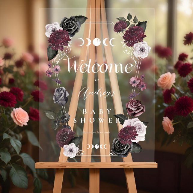Vintages Blumengoth Halloween Baby Dusche Empfang Acrylschild (Vintage Floral Goth Halloween Baby Shower Welcome Acrylic Sign)