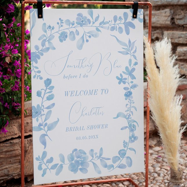 Vintages Blumengrün, blau, Brautparty Poster (Blue french vintage floral welcome bridal shower poster)