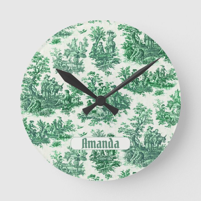 Vintages Blumengrün-Jouilmonogramm Runde Wanduhr (Vorderseite)