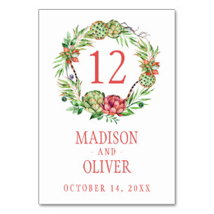 Vintages Blumengrün und rosa Sukkulat   Hochzeit Tischnummer