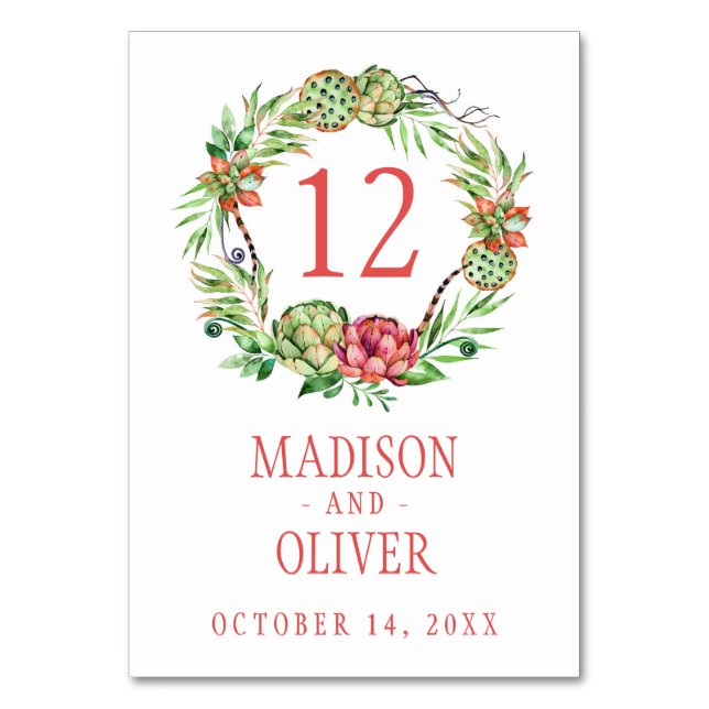 Vintages Blumengrün und rosa Sukkulat | Hochzeit Tischnummer (Vorderseite)