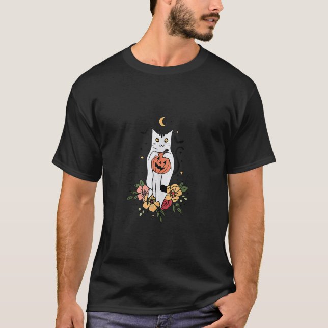 Vintages BlumenHalloween Cat Ghost Pumpkin Auntum T-Shirt (Vorderseite)