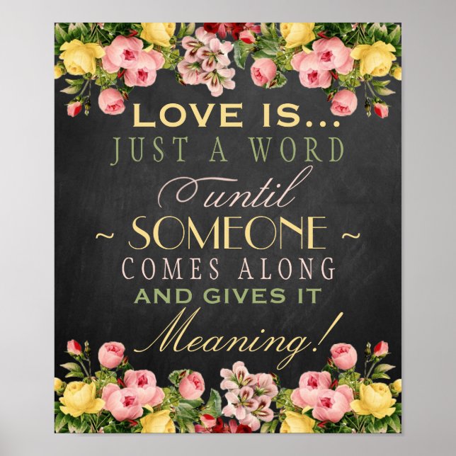 Vintages Blumenkhalkboard Hochzeitszeichen: Liebe  Poster (Vorne)