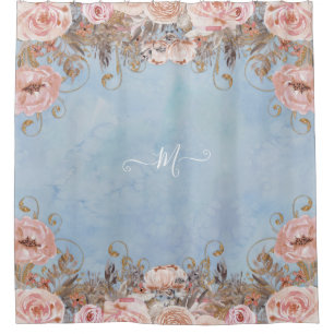 Vintages Blumenmotiv Blauer Rosa Duschvorhang