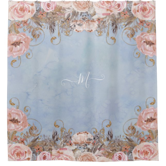 Vintages Blumenmotiv Blauer Rosa Duschvorhang (Vorderseite)