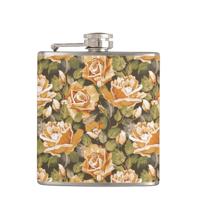 Vintages Blumenmuster der gelben Rosen Flachmann (Vorderseite)