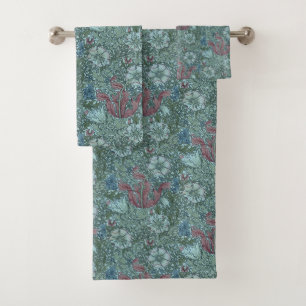 Vintages Blumenmuster Grün Blau Weiß Badhandtuch Set