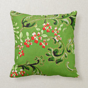Vintages Blumenmuster in Rot und Apfelgrün Kissen