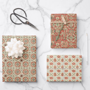 Vintages Blumenmuster in warmen Rot, Korallen Geschenkpapier Set