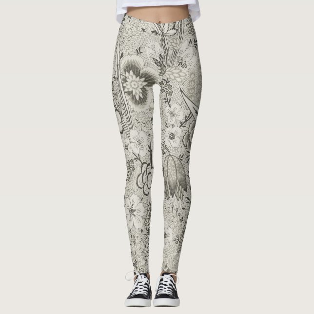 Vintages Blumenmuster Leggings in Grau (Vorderseite)