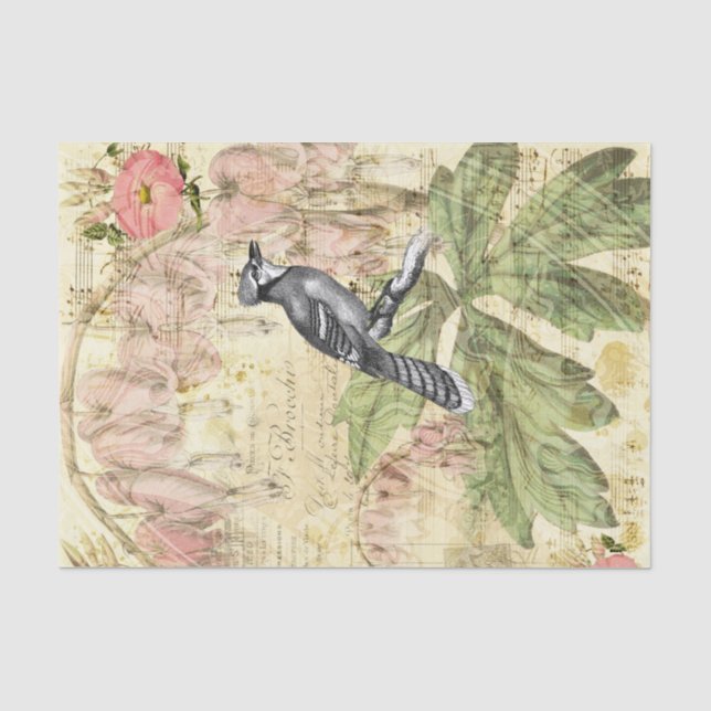 Vintages Blumenmuster mit blauem Jay Seidenpapier (Vorderseite)