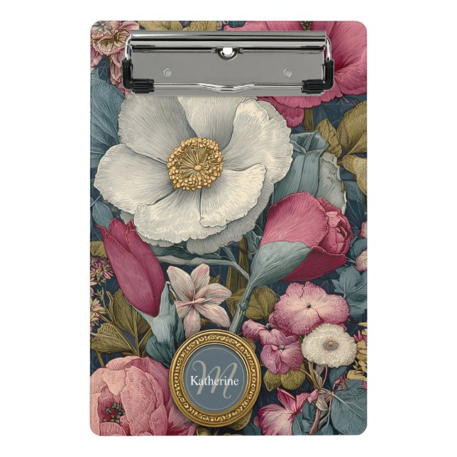 Vintages Blumenmuster mit Individuelle Name Mini Klemmbrett (Vorderseite)