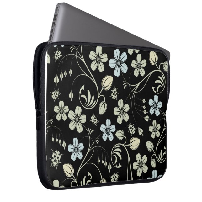 Vintages Blumenmuster mit Ladybugs auf schwarz Laptopschutzhülle (Vorne Rechts)