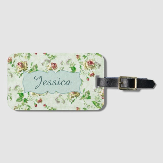Vintages Blumenmuster Rosen Personalisiert Gepäckanhänger (Vorderseite (Horizontal))