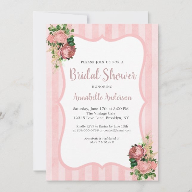Vintages Blumenrot Rosa Streifen Brautparty Einladung (Vorderseite)