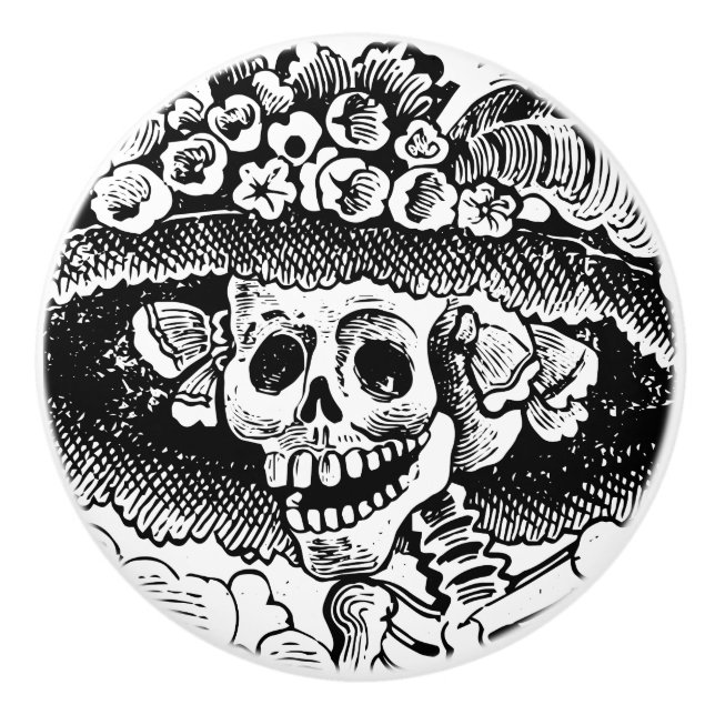 Vintages Blumenschädel Halloween Keramikknauf (Vorderseite)