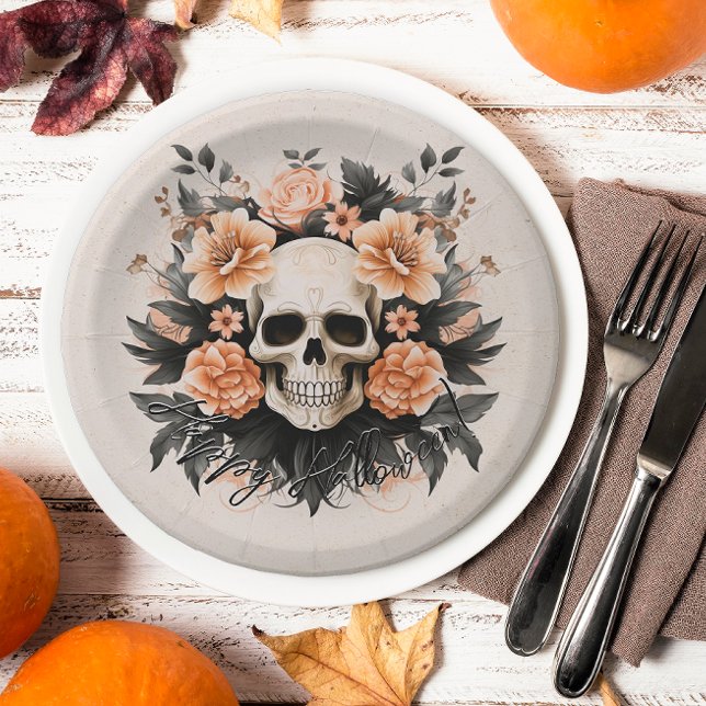 Vintages Blumenschädel Halloween Pappteller (Spooky floral skull plates will add an elegant touch to your Halloween party.)