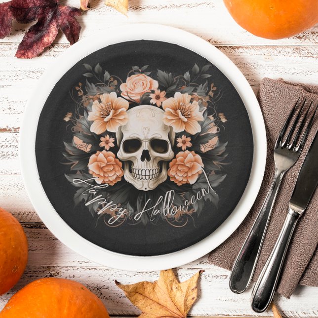 Vintages Blumenschädel Halloween Pappteller (Spooky floral skull plates will add an elegant touch to your Halloween party.)