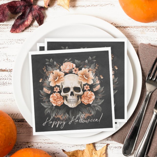 Vintages Blumenschädel Halloween Serviette (Spooky but elegant floral Halloween napkins.)