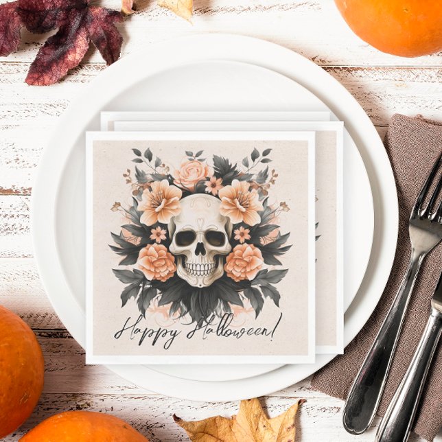 Vintages Blumenschädel Halloween Serviette (Spooky but elegant floral Halloween napkins.)