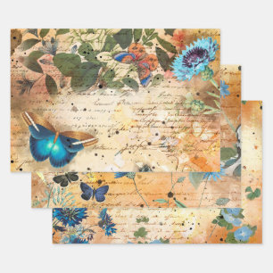 Vintages Blumenschmetterlingsdekouver Geschenkpapier Set